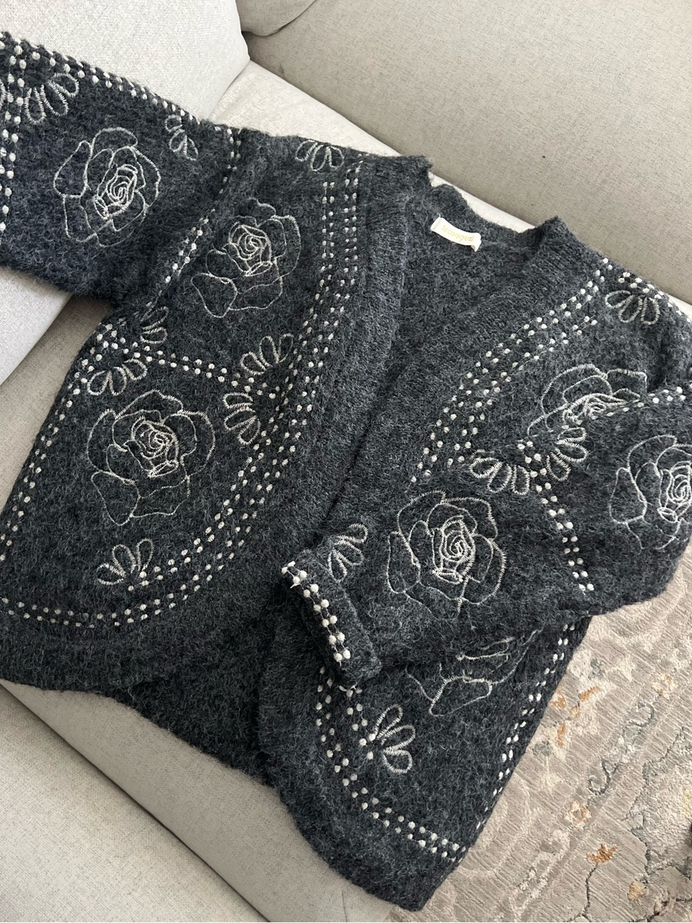 Monique Charcoal Grey Floral Embroidered Cardigan Sweater | Rose Beaded Trim M/L